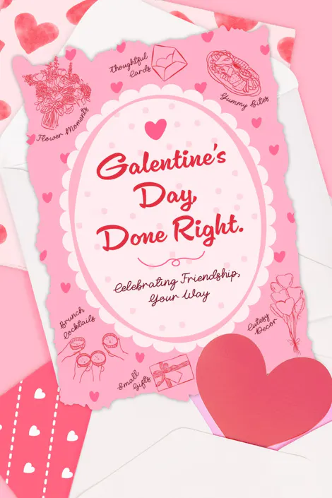 Pink Galentine's Day card on a pink background with hearts, flowers, brunch cocktails, cute decor, and yummy bites. The card reads &nbsp;Galentine's Day Done Right. Celebrating Friendship, Your Way.&nbsp;