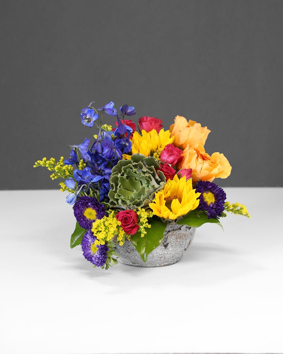 Mother S Day Sunflowers Mixed Bouquet Orlando Fl In Bloom Florist Colorful Arrangement Of Sunflowers Orange Roses Purple Aster Hot Pink Spray