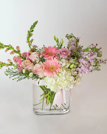 blush and ivory floral includes hydrangea, snapdragons, roses, lisianthus and more, designed in a contemporary thin glass vase and tied with a satin blush bow