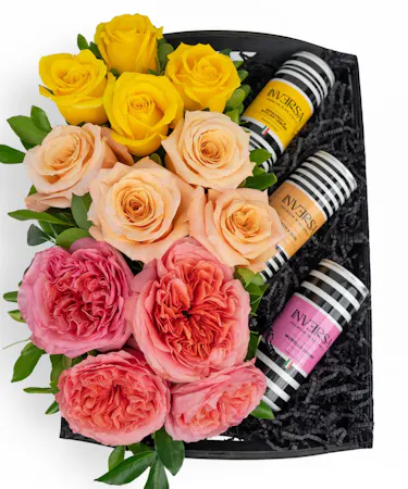 Your choice of wine, a variety of cocktail mixers, a pair of Sugarfina candy and chocolates, and a wine opener set.