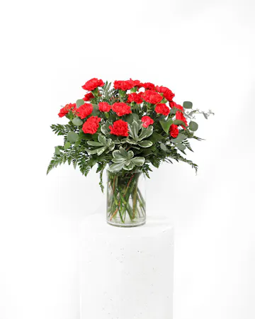 Share your condolences to the dearly departed's family and loved ones. The Devotion Arrangement is filled with red carnations that symbolize deep love and affection.