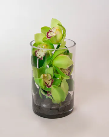 We carefully place an elegant cymbidium orchid stem with a monstera leaf on a bed of river rocks to create this serene arrangement. 