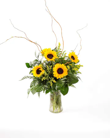 Bright petite sunflowers with cheerful yellow solidago and fresh greenery in a clear, hourglass-shaped glass vase. 
