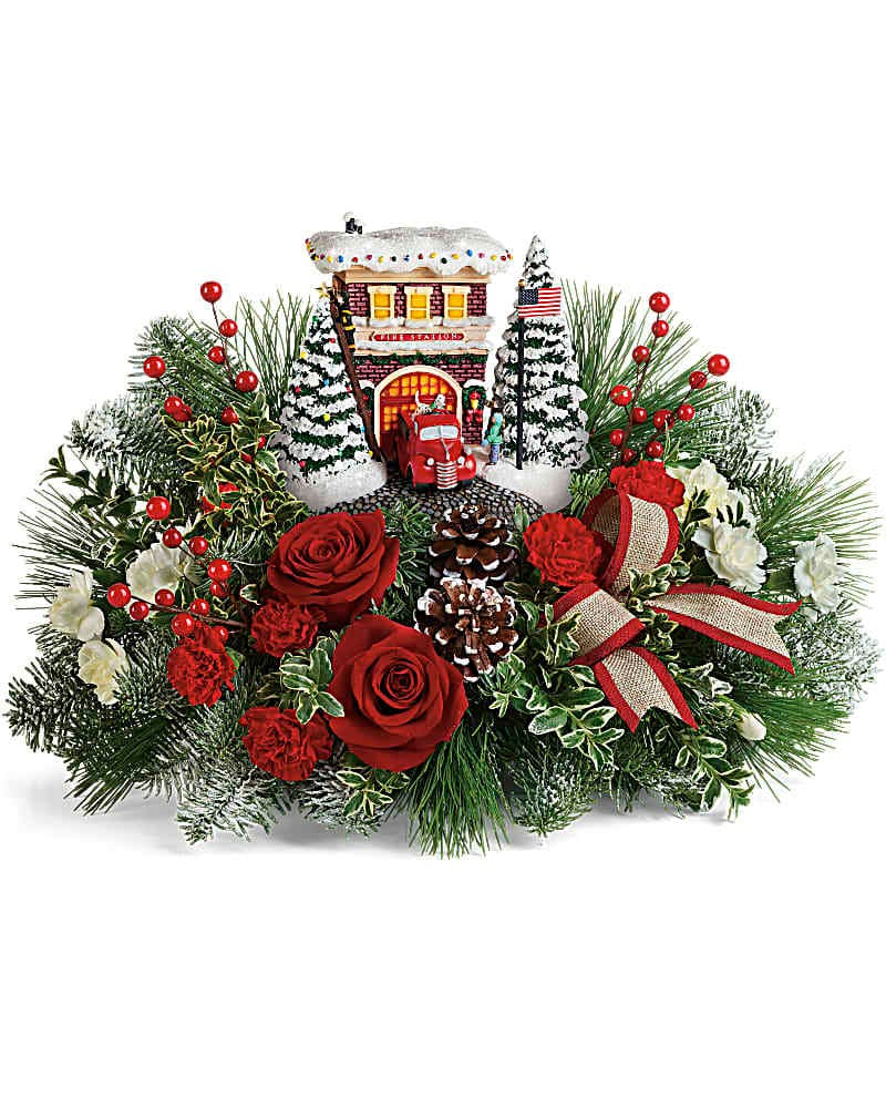 Thomas Kinkade Flower Arrangement 2019 In Bloom Florist   ThomasKinkadesFestiveFireStationBouquetStandard 191212124423 